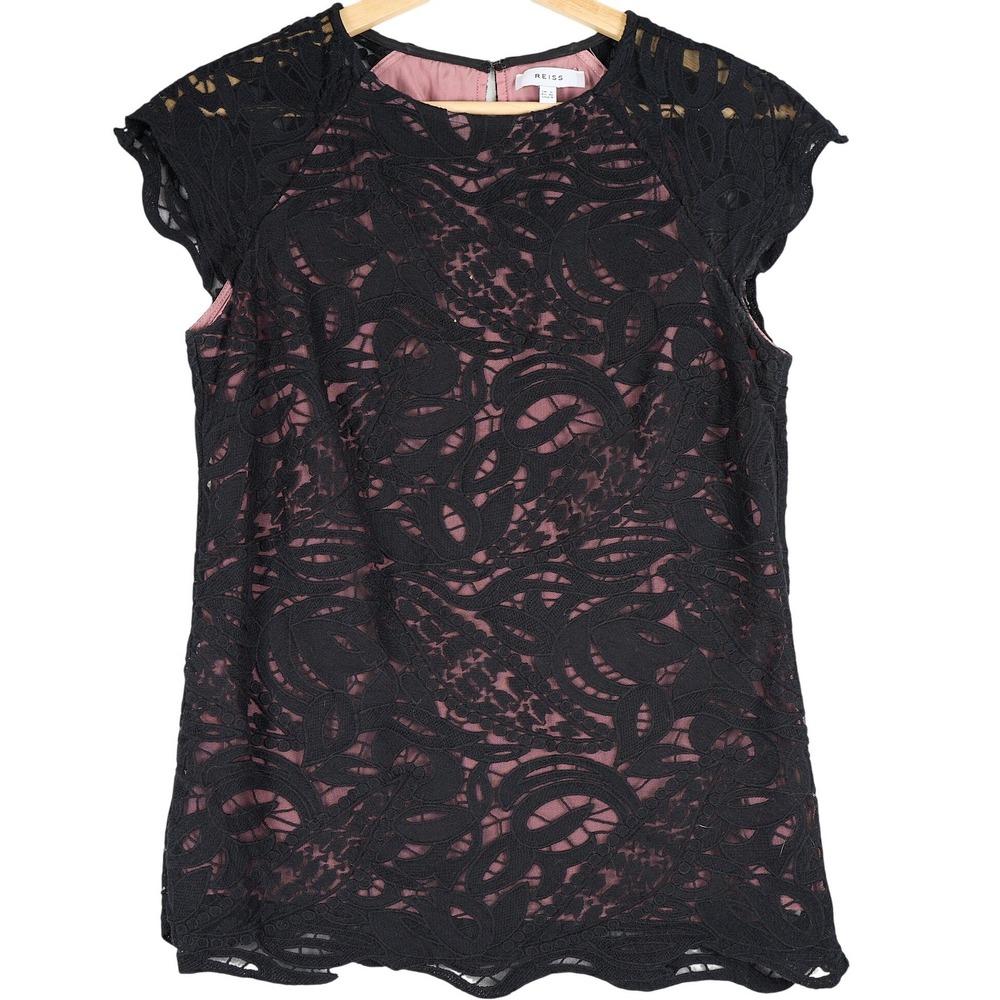 Reiss Black Lace Cap Sleeve Top Mauve With Lining Scalloped Hem Size 4 RN114836